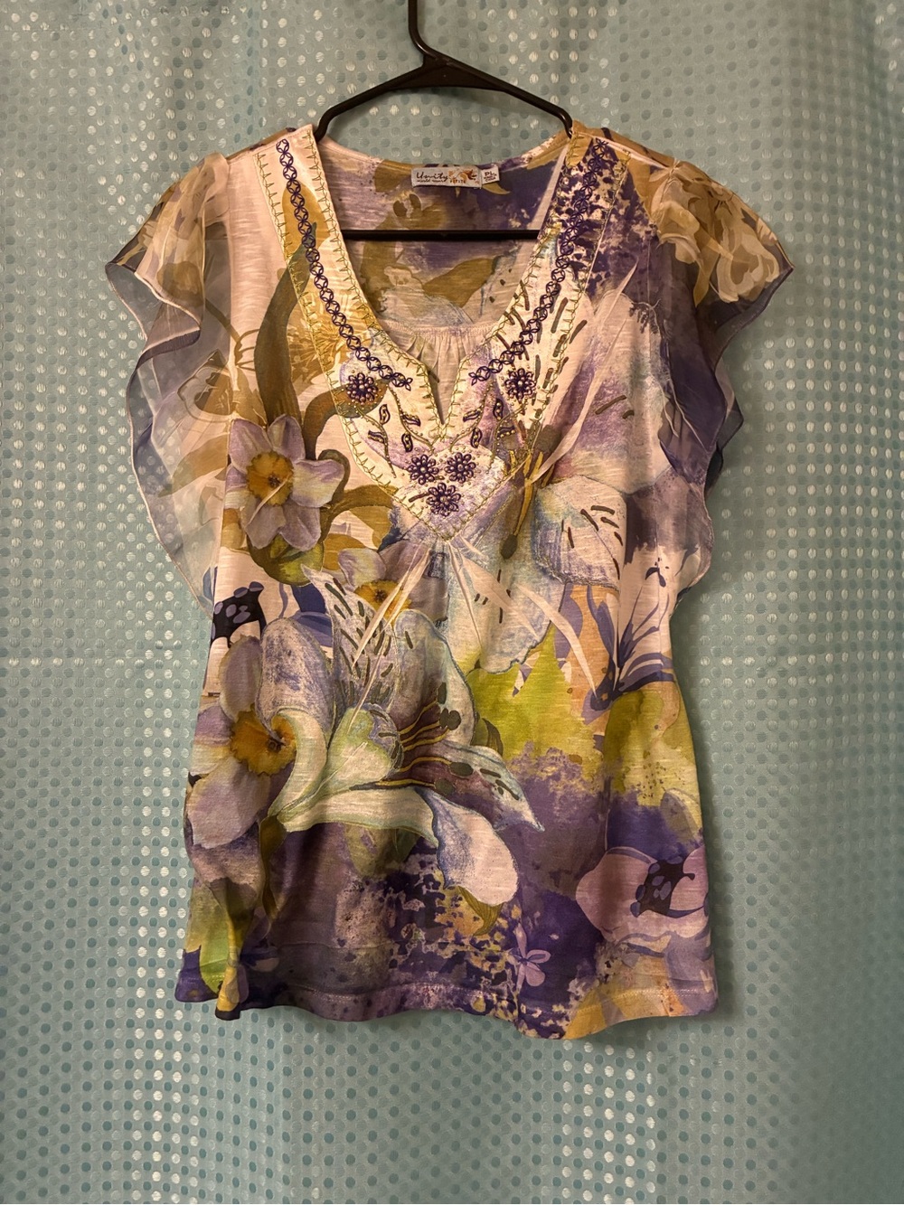Floral Beaded V-Neck Women's Top in Purple and Green